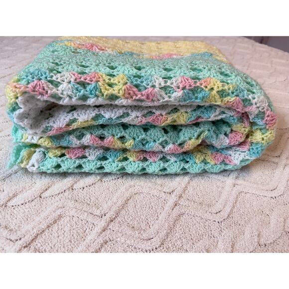 Handmade Pastel Crochet Baby Blanket 42x53, Soft Vintage Style Afghan - Picture 4 of 16
